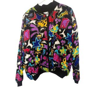 Vintage Effeci Black Multicolor Abstract Bomber Jacket Beaded Womens Medium 90s